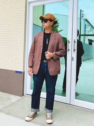 Blue Sunglasses Outfits For Men: Marry a burgundy cotton blazer with blue sunglasses for a laid-back twist on casual urban looks. Dial down the casualness of this ensemble by finishing off with brown canvas low top sneakers.