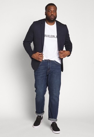 Men's Navy Blazer, White and Black Print Crew-neck T-shirt, Navy Jeans, Black and White Canvas Low Top Sneakers