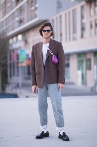Dark Brown Blazer Outfits For Men: A dark brown blazer and grey jeans married together are a nice match. To introduce some extra flair to your ensemble, add black leather loafers to the equation.