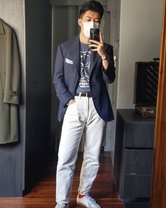 Men's Navy Blazer, Navy and White Print Crew-neck T-shirt, White Jeans, White Leather Low Top Sneakers