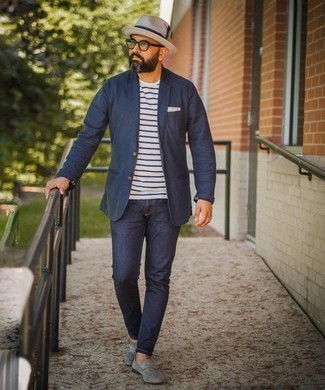Beige Wool Hat Outfits For Men: If you enjoy the comfort look, consider pairing a navy blazer with a beige wool hat. Introduce a pair of grey suede loafers to this ensemble to avoid looking too casual.