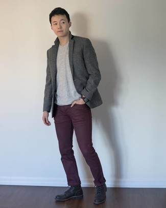 Men's Charcoal Blazer, Grey Crew-neck T-shirt, Burgundy Jeans, Black Leather Casual Boots
