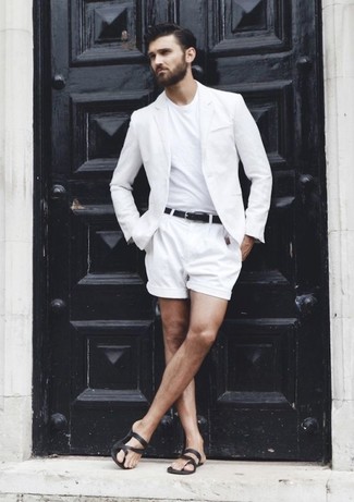 Black Leather Sandals Outfits For Men: This combo of a white blazer and white shorts is a must-try effortlessly classic look for any modern man. To give your overall look a more relaxed finish, make black leather sandals your footwear choice.