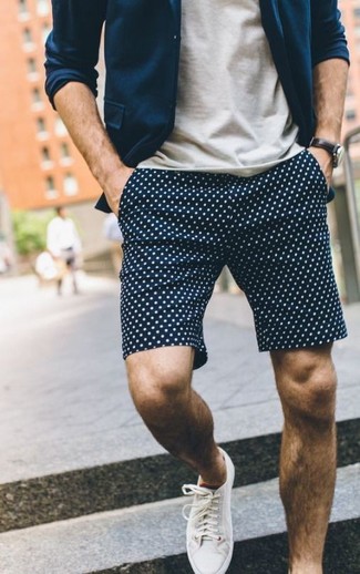 Blue Polka Dot Shorts Outfits For Men: If you appreciate practical style, try pairing a navy blazer with blue polka dot shorts. Beige plimsolls are a smart pick to complete this outfit.