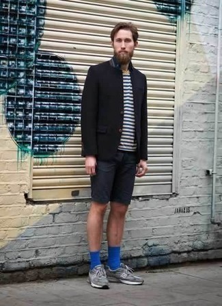 Blue Shorts Outfits For Men: Such essentials as a black blazer and blue shorts are the perfect way to infuse extra class into your daily casual arsenal. Go off the beaten track and change up your outfit with grey athletic shoes.