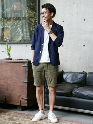 Men's Navy Cotton Blazer, White Crew-neck T-shirt, Olive Shorts, White and Green Leather Low Top Sneakers