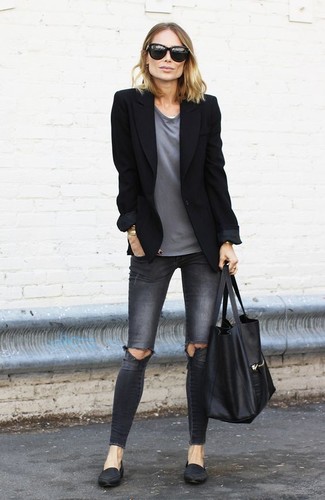 Women's Black Blazer, Grey Crew-neck T-shirt, Charcoal Ripped Skinny Jeans, Black Leather Loafers