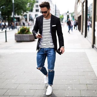 Men's Black Blazer, White and Navy Horizontal Striped Crew-neck T-shirt, Blue Ripped Skinny Jeans, White Low Top Sneakers