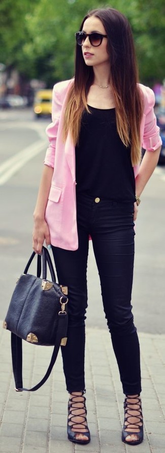 Black Leather Flat Sandals Outfits: Team a pink blazer with black skinny jeans to achieve an everyday outfit that's full of charisma and character. Complement this look with black leather flat sandals to keep the getup fresh.