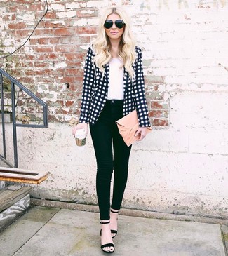Black Suede Heeled Sandals Outfits: Dress in a white and black check blazer and black skinny jeans for an effortless kind of polish. To add a little glam to your look, introduce a pair of black suede heeled sandals to the mix.