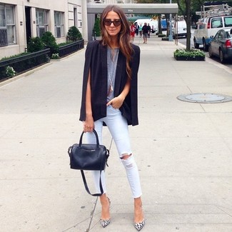Women's Black Blazer, Grey Crew-neck T-shirt, Light Blue Ripped Skinny Jeans, White and Black Leopard Leather Pumps