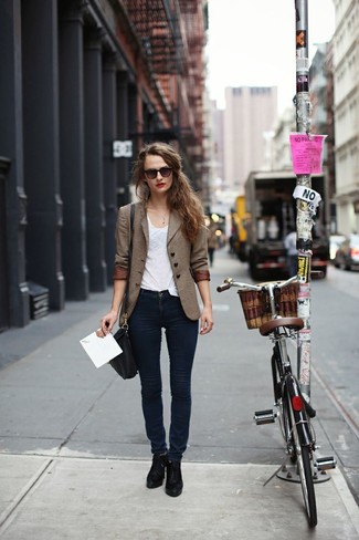Women's Brown Wool Blazer, White Crew-neck T-shirt, Navy Skinny Jeans, Black Leather Lace-up Ankle Boots