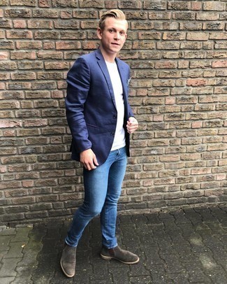 Men's Navy Blazer, White Crew-neck T-shirt, Blue Skinny Jeans, Charcoal Suede Chelsea Boots