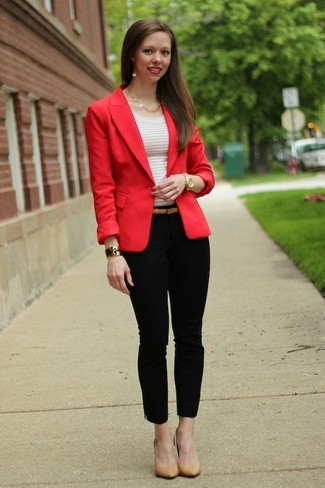 Tan Leather Pumps Outfits: Try pairing a red blazer with black skinny pants for a functional outfit that's also put together. If you're on the fence about how to round off, introduce tan leather pumps to this look.
