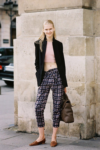 Women's Black Blazer, Pink Cropped Top, Charcoal Plaid Capri Pants, Brown Leather Loafers