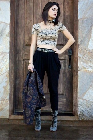 Women's Navy Floral Blazer, Beige Lace Cropped Top, Black Tapered Pants, Grey Velvet Ankle Boots