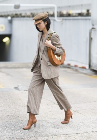 Women's Beige Check Blazer, Beige Check Culottes, Tan Leather Ankle Boots, Tan Leather Crossbody Bag