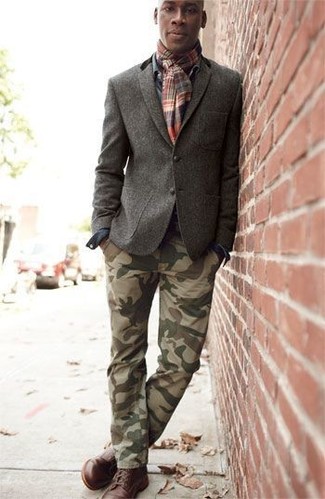 Men's Charcoal Wool Blazer, Navy Denim Shirt, Olive Camouflage Chinos, Burgundy Leather Casual Boots