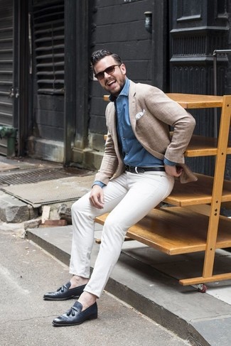 Aquamarine Denim Shirt Outfits For Men: This combination of an aquamarine denim shirt and white chinos is hard proof that a safe casual outfit doesn't have to be boring. On the fence about how to finish your look? Finish with a pair of navy leather tassel loafers to turn up the wow factor.
