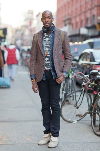 Men's Dark Brown Wool Blazer, Blue Denim Shirt, Charcoal Fair Isle Crew-neck T-shirt, Black Jeans
