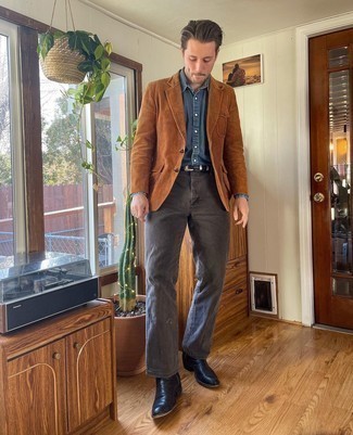 Charcoal Jeans Outfits For Men: Showcase your elegant self in a brown corduroy blazer and charcoal jeans. Black leather chelsea boots are a simple way to power up this ensemble.