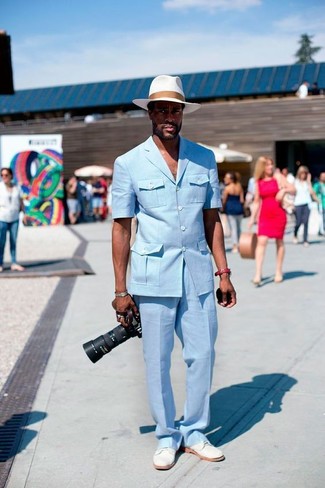 Men's Light Blue Blazer, Light Blue Dress Pants, White Suede Derby Shoes, White Straw Hat