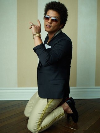 Bruno Mars wearing Black Blazer, Gold Dress Pants, Black Leather Loafers, White Pocket Square