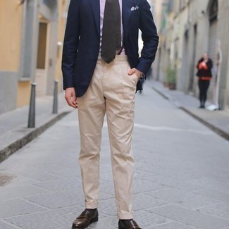 Tobacco Suspenders Outfits: A navy blazer and tobacco suspenders are the perfect way to infuse effortless cool into your off-duty routine. Feeling creative? Shake things up by rocking a pair of dark brown leather loafers.