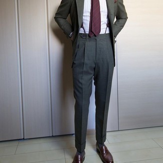 Red Tie Outfits For Men: This is undeniable proof that an olive blazer and a red tie look awesome when paired together in a polished look for a modern gent. Change up this outfit with a more casual kind of shoes, such as these dark brown leather loafers.