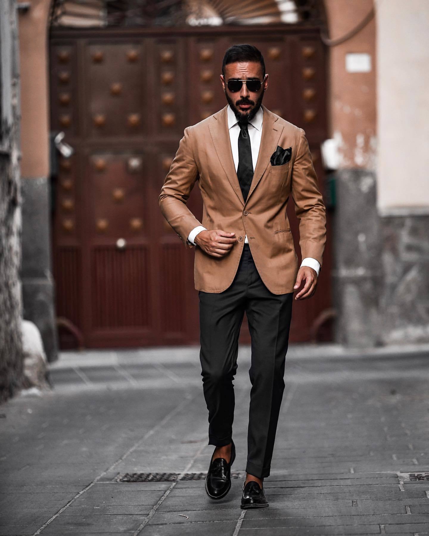 Men'S Tan Blazer, Black Dress Pants, Black Leather Loafers, Black Silk Tie  | Lookastic