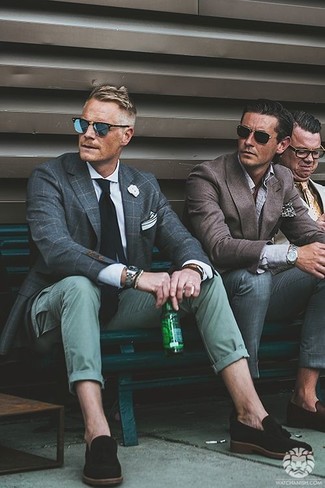 Black Suede Tassel Loafers Outfits: The combination of a dark green check blazer and green cargo pants makes this a knockout casual ensemble. To add more class to your outfit, round off with a pair of black suede tassel loafers.