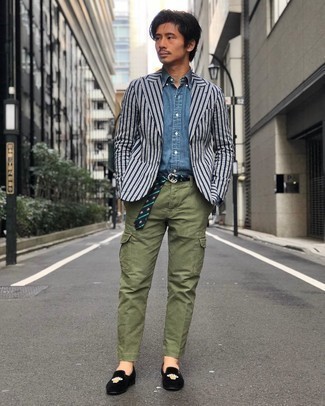 Black Velvet Loafers Outfits For Men: If you like casual ensembles, why not wear a white and navy vertical striped blazer with olive cargo pants? And if you want to immediately kick up this outfit with one piece, throw a pair of black velvet loafers in the mix.