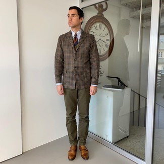 Brown Leather Double Monks Outfits: Dial up your menswear game by pairing a brown gingham wool blazer and olive chinos. Balance your ensemble with a dressier kind of shoes, such as these brown leather double monks.