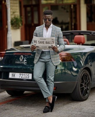 Black Velvet Tassel Loafers Outfits: This semi-casual combo of a mint plaid blazer and mint chinos is capable of taking on different nuances according to how you style it out. Add a different twist to an otherwise mostly dressed-down look by rocking black velvet tassel loafers.