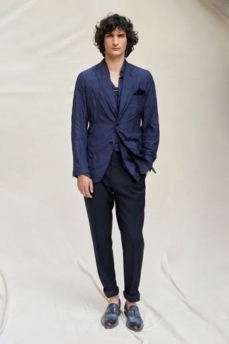 Navy Leather Tassel Loafers Outfits: Marry a navy cotton blazer with navy chinos and you'll ooze manly refinement and polish. Rev up your whole look by rocking navy leather tassel loafers.