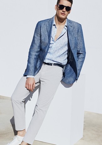 Black Woven Leather Belt Outfits For Men: This combo of a blue blazer and a black woven leather belt is proof that a pared down casual getup can still look really interesting. Introduce white low top sneakers to the equation to easily up the style factor of any look.