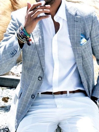 Men's Grey Plaid Blazer, White Dress Shirt, White Chinos, White and Blue Print Pocket Square