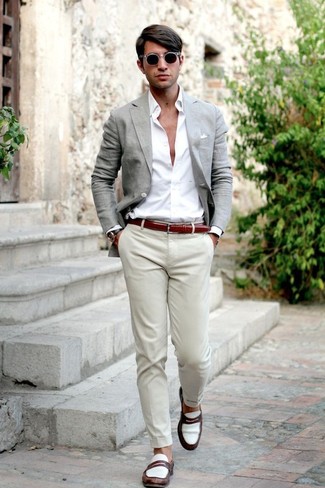 Men's Grey Blazer, White Dress Shirt, Beige Chinos, White and Brown Leather Loafers