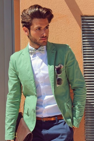 Men's Green Blazer, White Dress Shirt, Navy Chinos, Brown Leather Briefcase