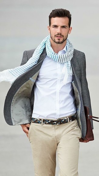 Light Blue Scarf Outfits For Men: To create a casual ensemble with a street style finish, you can easily opt for a charcoal wool blazer and a light blue scarf.