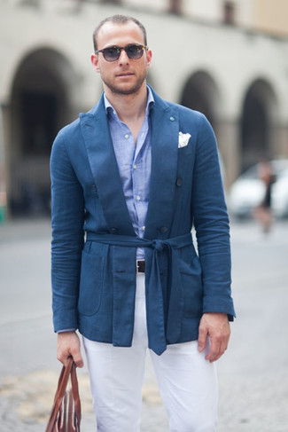 Men's Blue Cotton Blazer, Light Blue Chambray Dress Shirt, White Chinos, Brown Leather Tote Bag