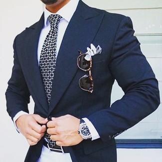Navy and White Print Tie Outfits For Men: This is solid proof that a navy blazer and a navy and white print tie are awesome when married together in a classy outfit for today's guy.
