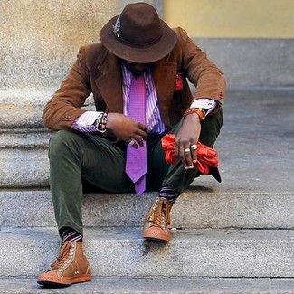 Men's Brown Corduroy Blazer, Violet Vertical Striped Dress Shirt, Olive Corduroy Chinos, Tan Leather High Top Sneakers