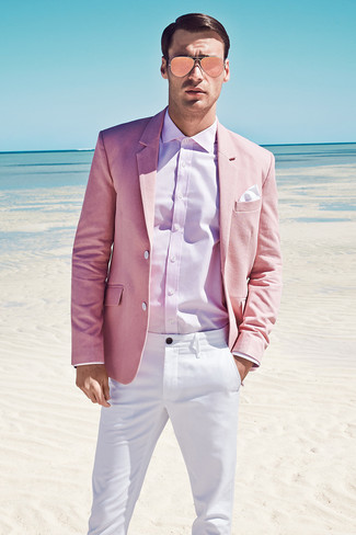 Men's Pink Blazer, Pink Dress Shirt, White Chinos, White Pocket Square