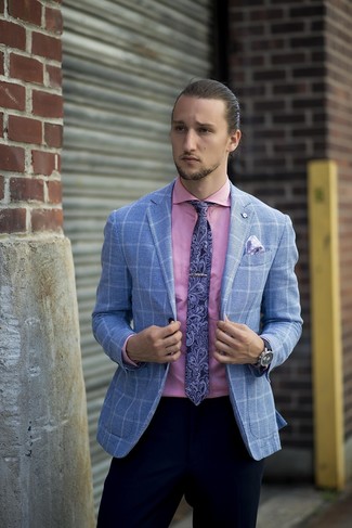 Purple Pocket Square Outfits: A light blue plaid blazer and a purple pocket square are among the crucial elements in any modern man's functional casual sartorial arsenal.