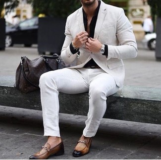 Men's Beige Linen Blazer, Black Dress Shirt, White Chinos, Tan Leather Loafers