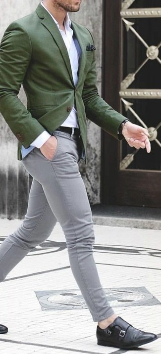 Olive Blazer Outfits For Men: Irrefutable proof that an olive blazer and grey chinos look amazing together. To introduce a bit of fanciness to this ensemble, introduce black leather double monks to the equation.