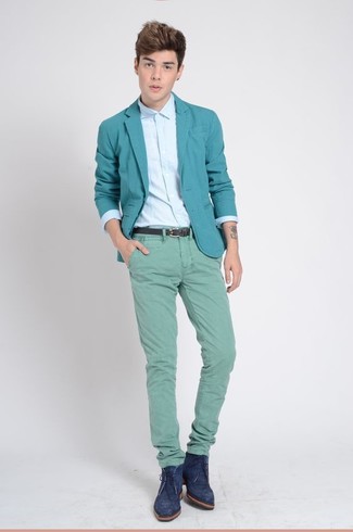 Green Chinos Outfits: You'll be amazed at how very easy it is for any guy to pull together this effortlessly neat getup. Just a mint blazer and green chinos. A pair of navy suede desert boots integrates effortlessly within a ton of looks.