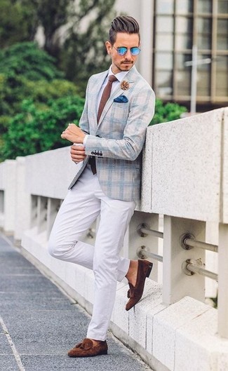 Brown Lapel Pin Outfits: For a casually stylish ensemble, consider teaming a light blue plaid blazer with a brown lapel pin — these items go beautifully together. With footwear, go for something on the smarter end of the spectrum and complement this look with dark brown suede tassel loafers.
