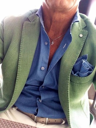 Men's Green Blazer, Blue Dress Shirt, Beige Chinos, Blue Pocket Square